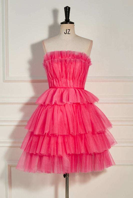 Hot Pink Tulle Ruffles Short Dress