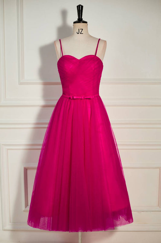 Fuchsia Tulle A-line Tea Length Dress