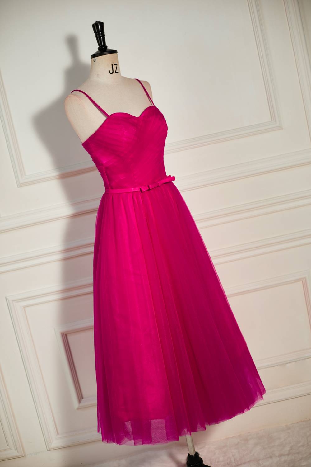 Fuchsia Tulle A-line Tea Length Dress