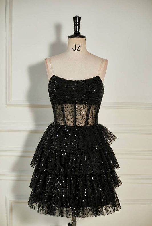 Scoop Black Sequin Tulle Tiered Short Homecoming Dress