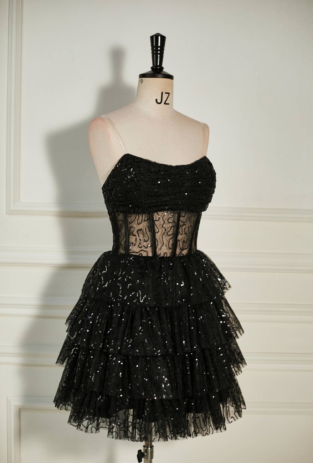 Scoop Black Sequin Tulle Tiered Short Homecoming Dress