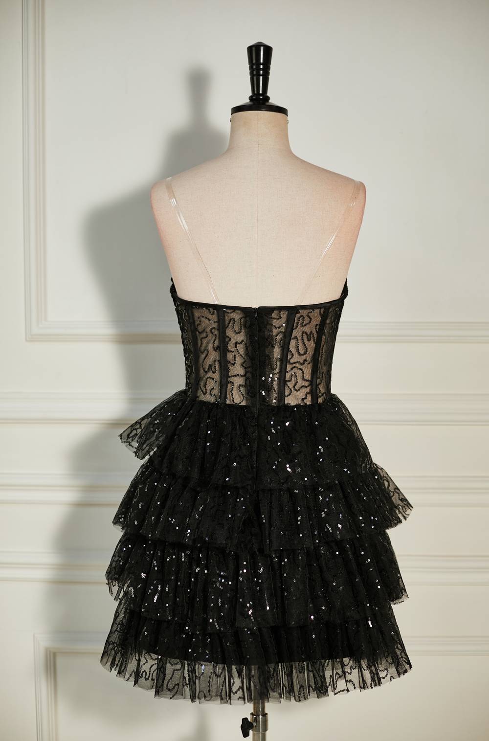 Scoop Black Sequin Tulle Tiered Short Homecoming Dress