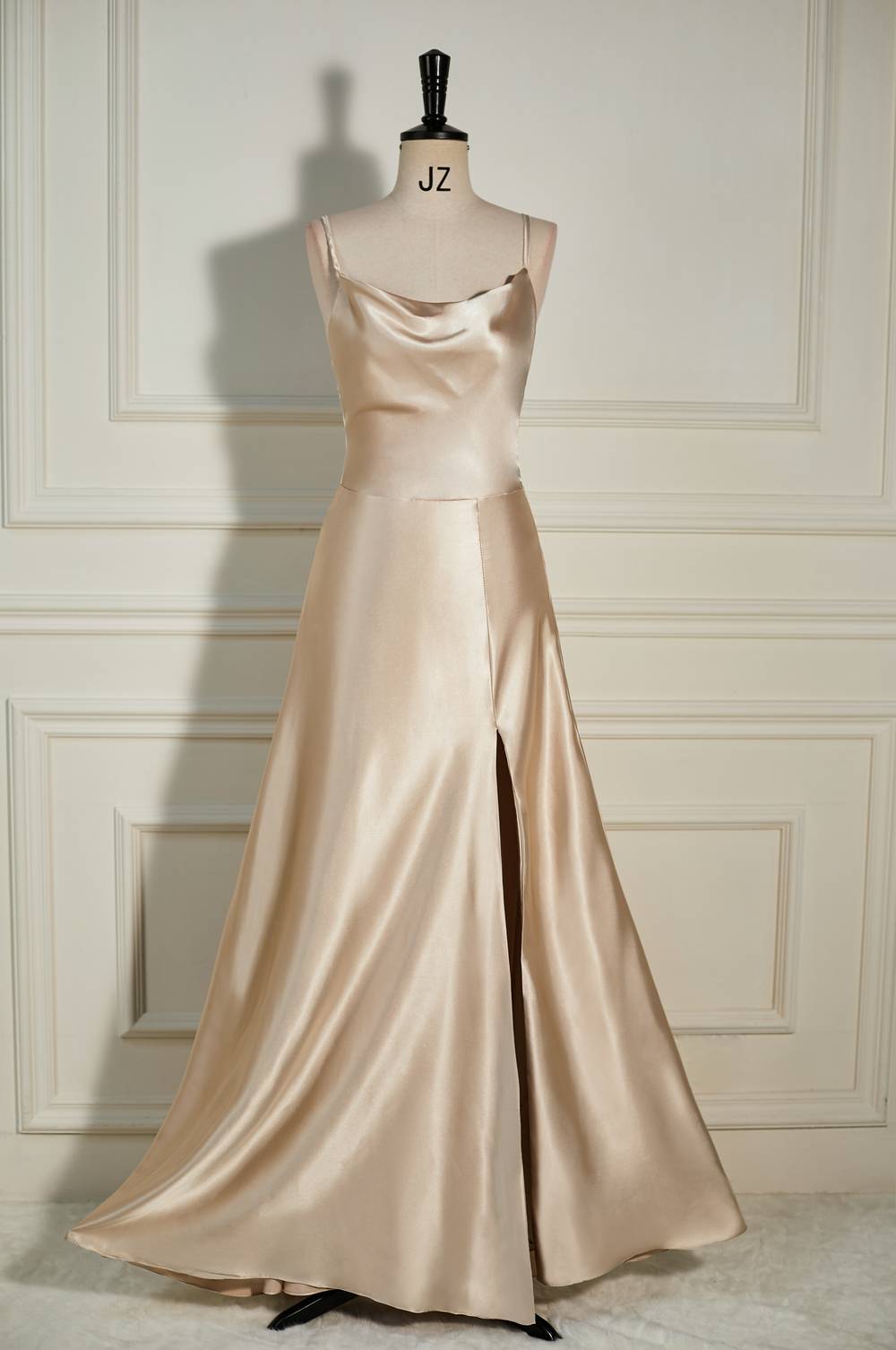 Cowl Neck Champagne A-line Long Bridesmaid Dress