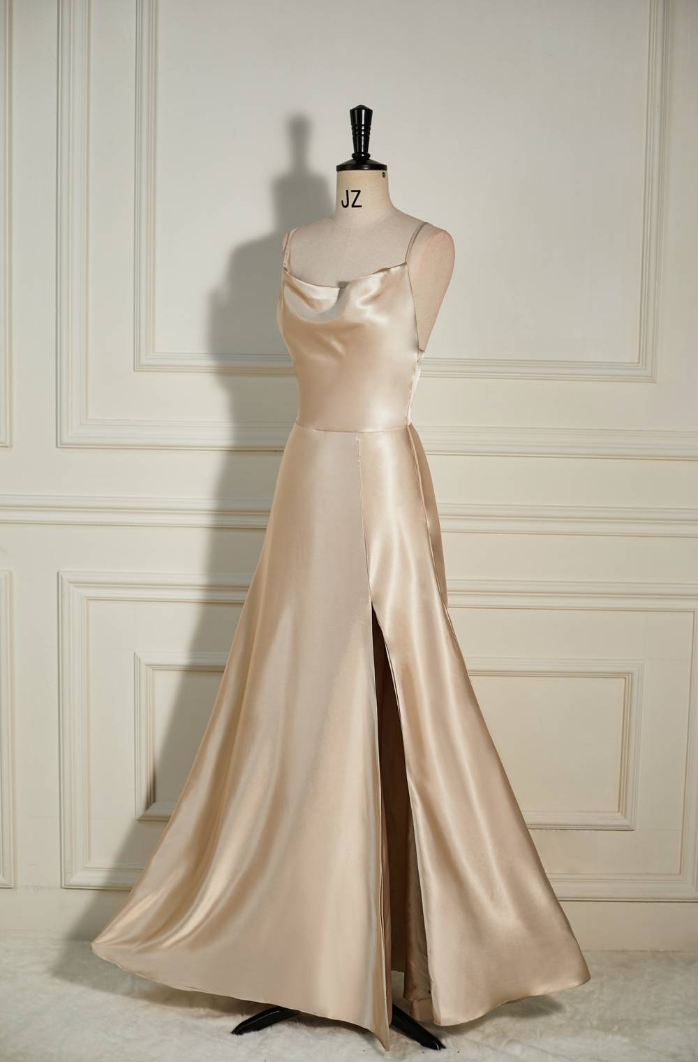 Cowl Neck Champagne A-line Long Bridesmaid Dress