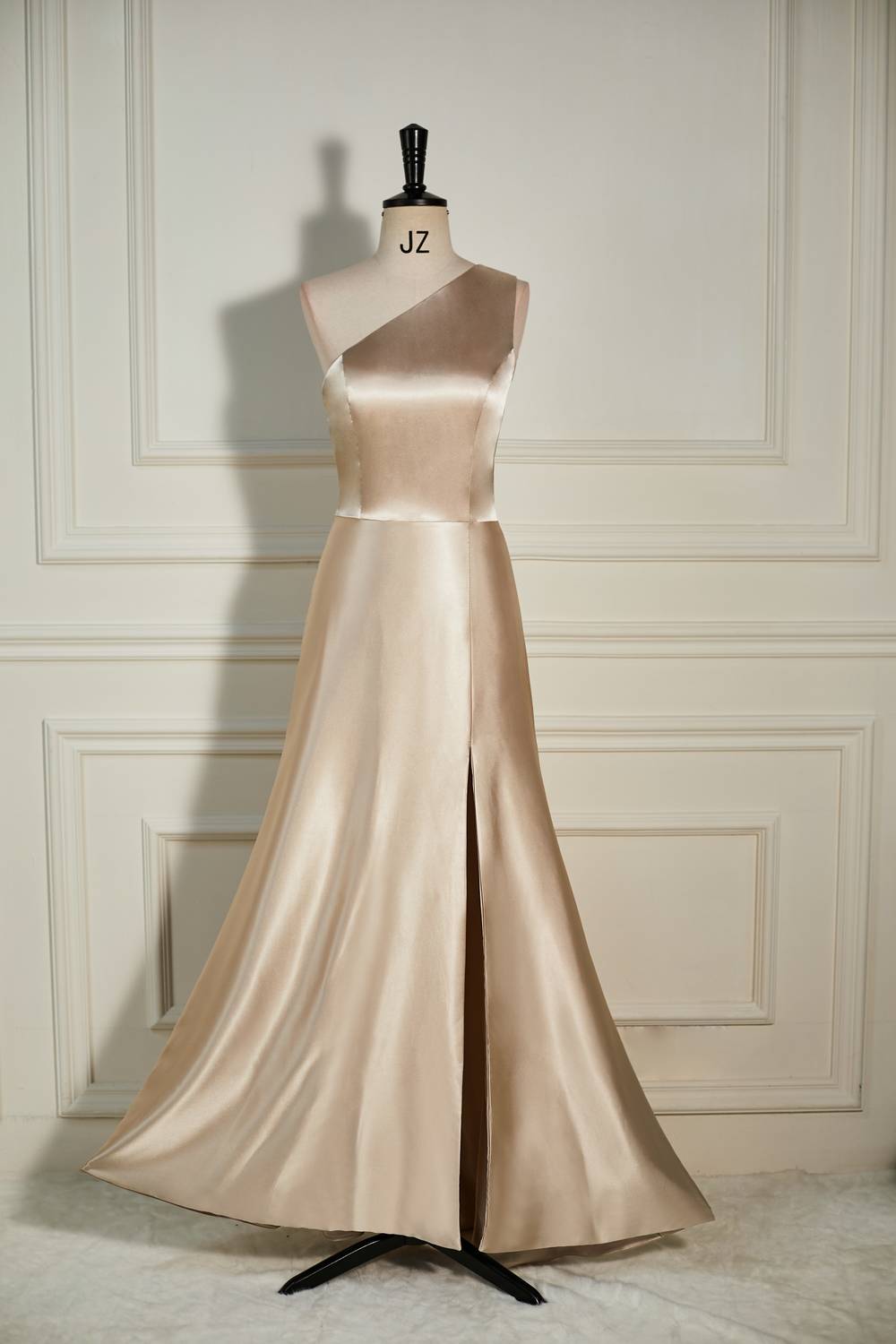 One Shoulder Champagne Long Bridesmaid Dress