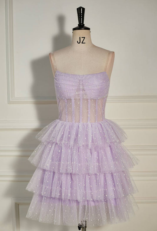 Sttrapless Lavender Tiered Ruffles Short Princess Dress