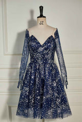 Strapless Navy Blue A-line Short Dress with Gloves