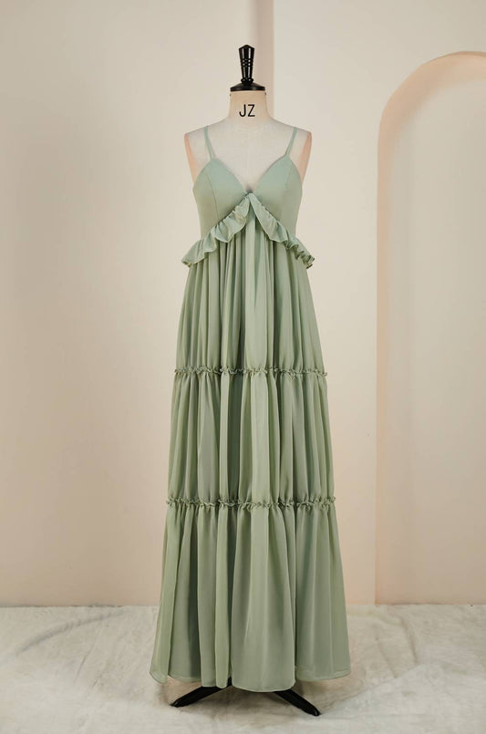 Straps Sage Green Chiffon Ruffles Long Dress