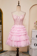 Sweetheart Pink Appliques Tiered Ruffles Short Princess Dress