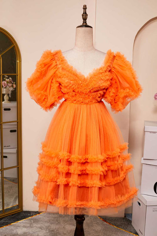 Short Sleeves Orange Ruffles Short Princess Dress