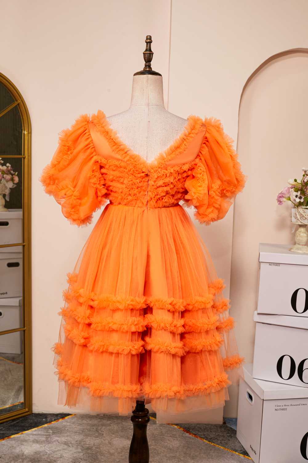 Short Sleeves Orange Ruffles Short Princess Dress