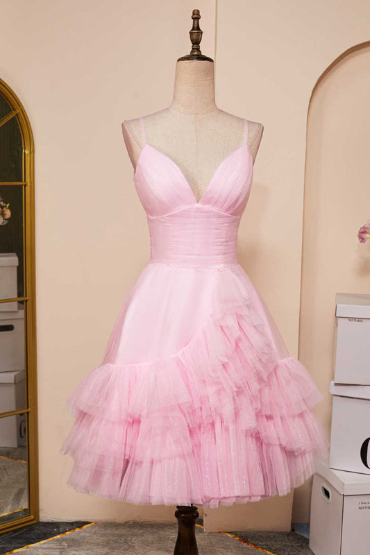 Straps Pink A-line Short Ruffles Homecoming Dress