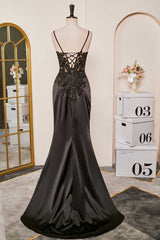 Black Mermaid Applique Spaghetti Strap Prom Dress