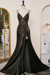Black Mermaid Applique Spaghetti Strap Prom Dress