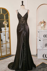Black Mermaid Applique Spaghetti Strap Prom Dress