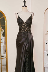 Black Mermaid Applique Spaghetti Strap Prom Dress