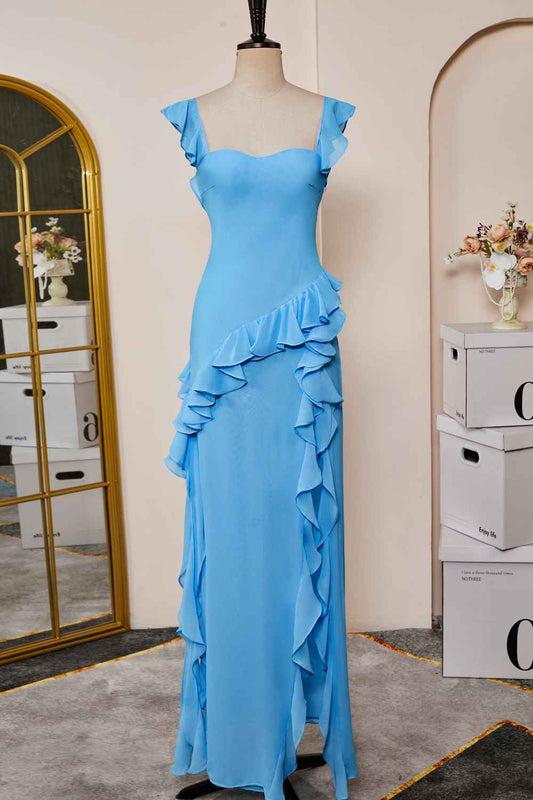 Lake Blue Slit A-line Chiffon Ruffles Dress