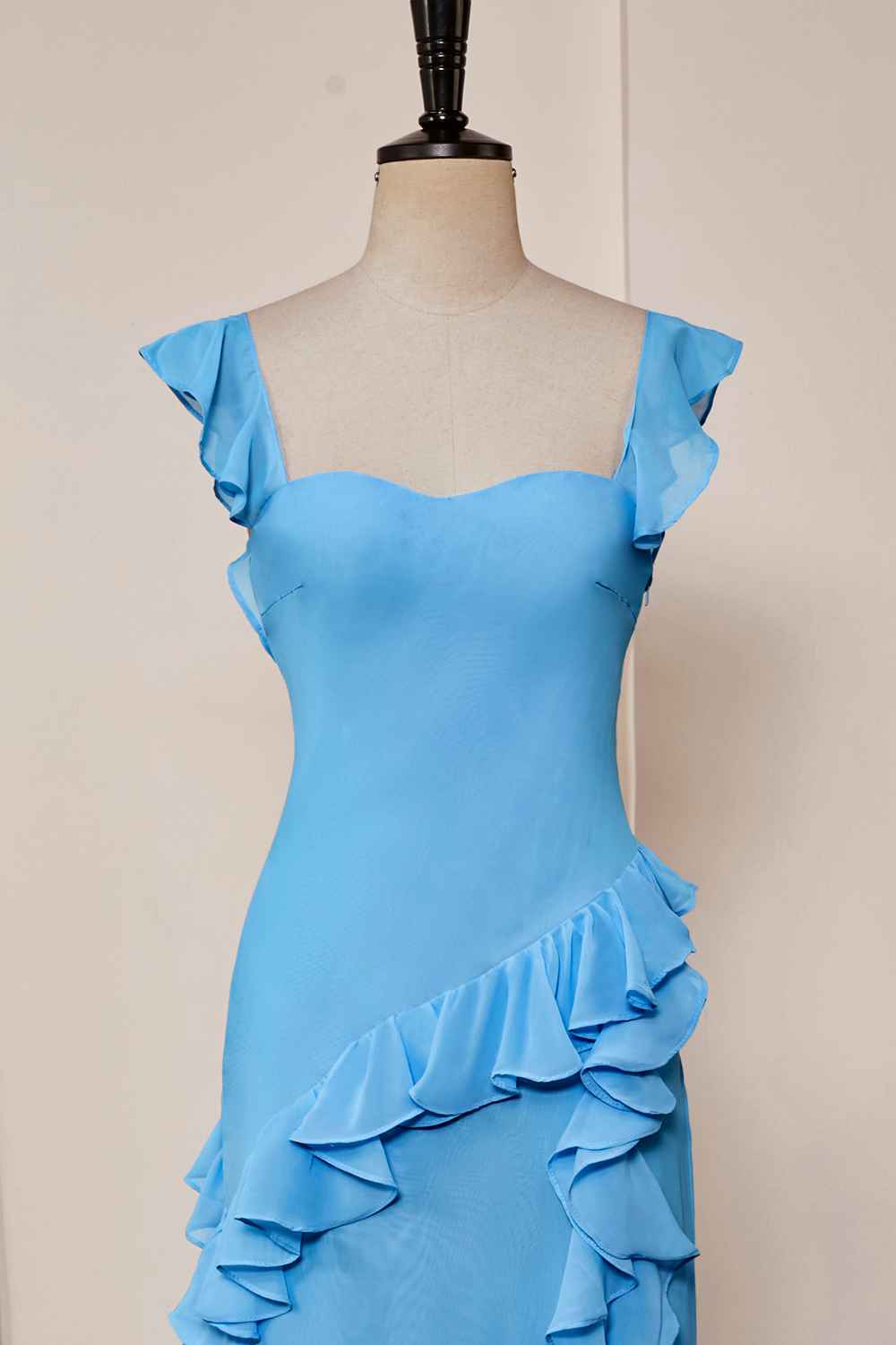 Lake Blue Slit A-line Chiffon Ruffles Dress