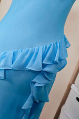 Lake Blue Slit A-line Chiffon Ruffles Dress