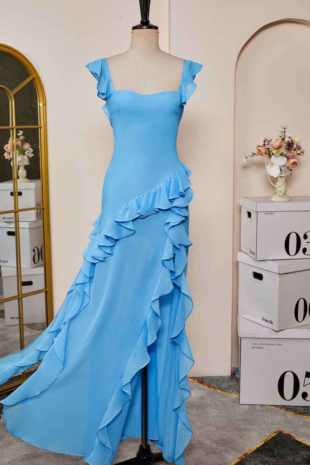Lake Blue Slit A-line Chiffon Ruffles Dress