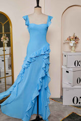 Lake Blue Slit A-line Chiffon Ruffles Dress