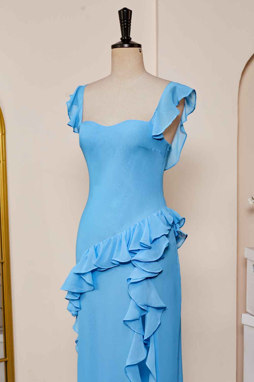 Lake Blue Slit A-line Chiffon Ruffles Dress