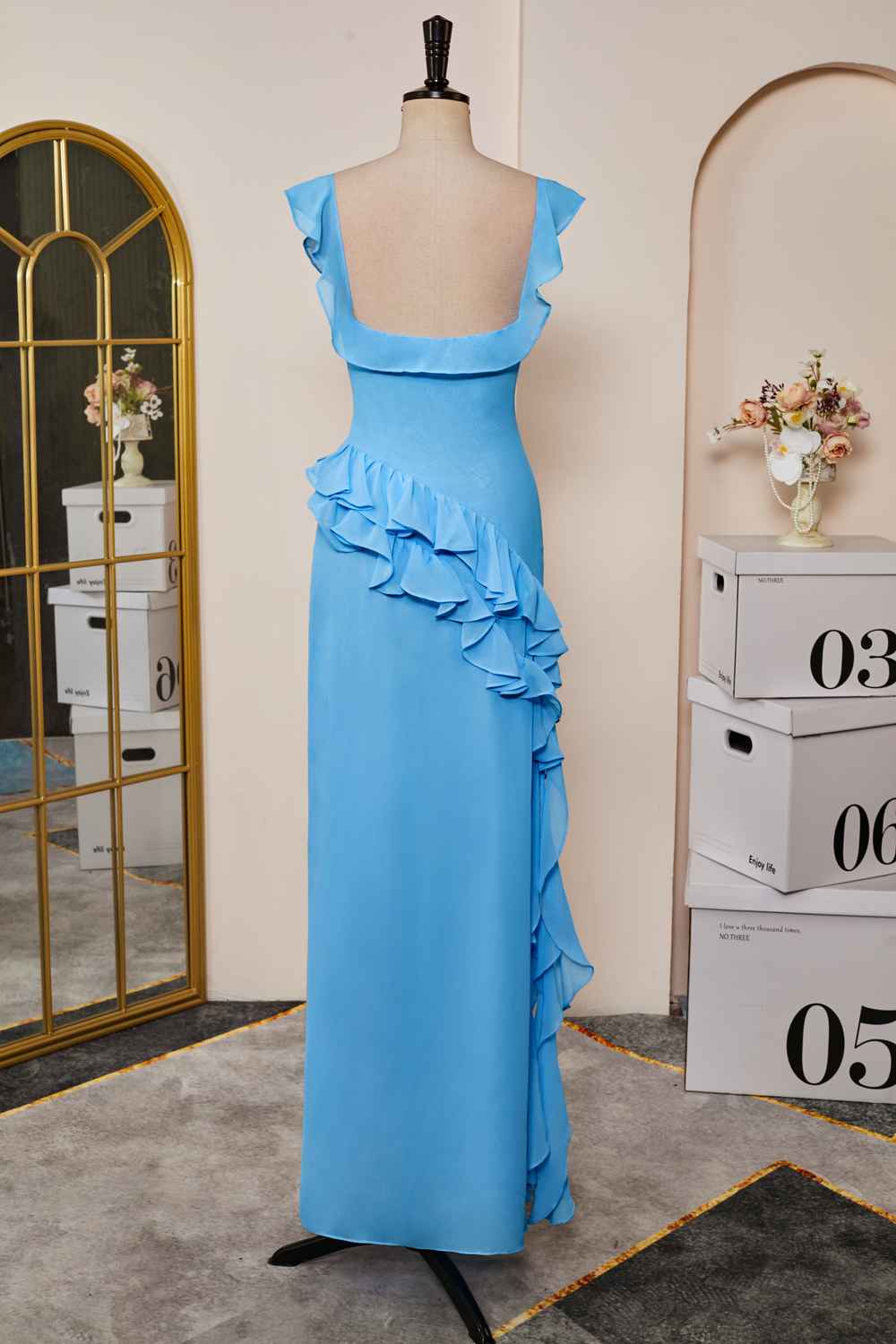 Lake Blue Slit A-line Chiffon Ruffles Dress