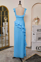 Lake Blue Slit A-line Chiffon Ruffles Dress