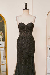 Black Sexy Sweetheart Mermaid Applique Tulle Prom Dress