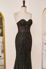 Black Sexy Sweetheart Mermaid Applique Tulle Prom Dress