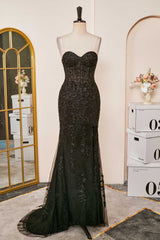 Black Sexy Sweetheart Mermaid Applique Tulle Prom Dress
