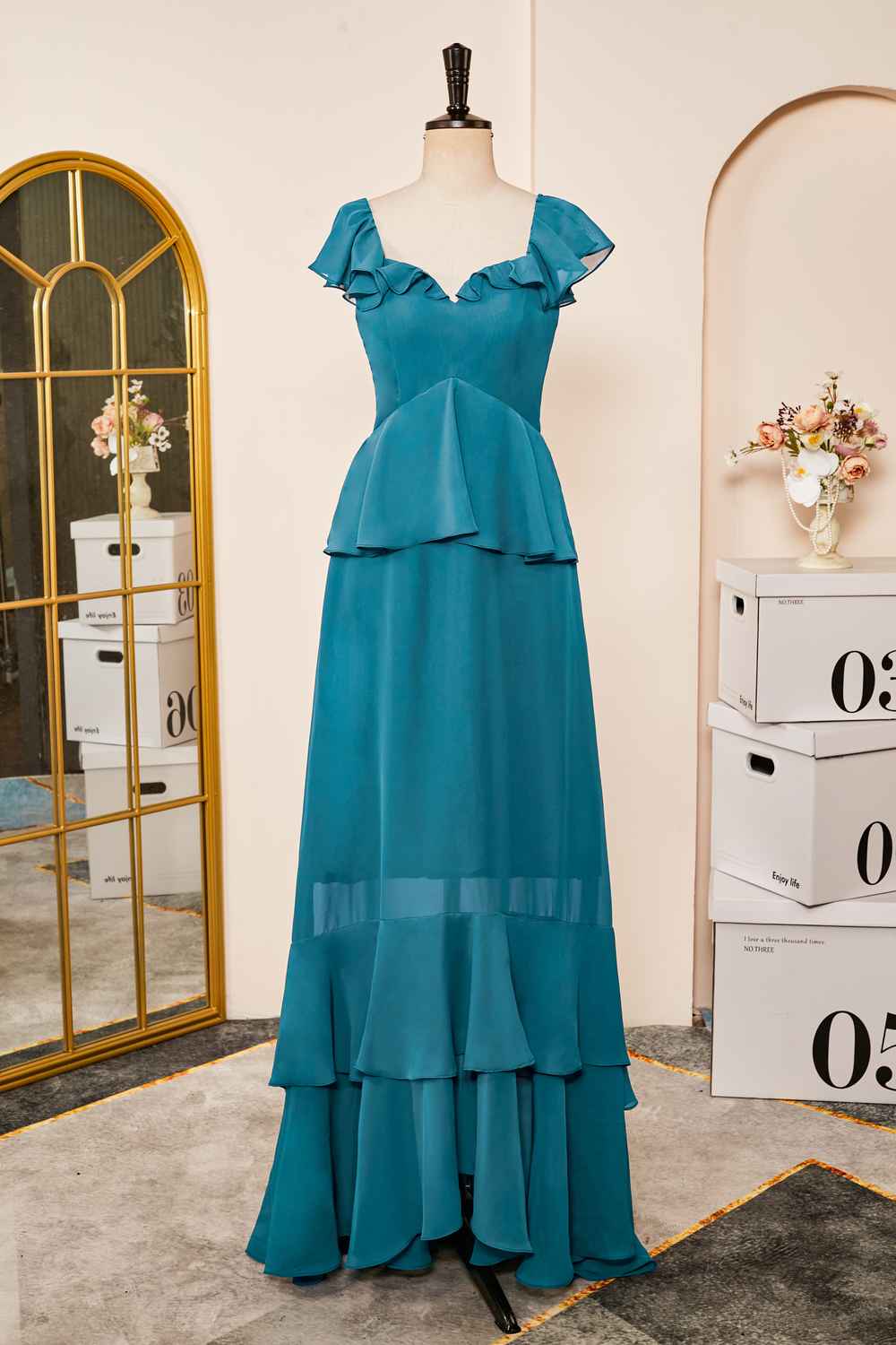 Peacock Blue Elegant A-line Chiffon Ruffles Bridesmaid Dress