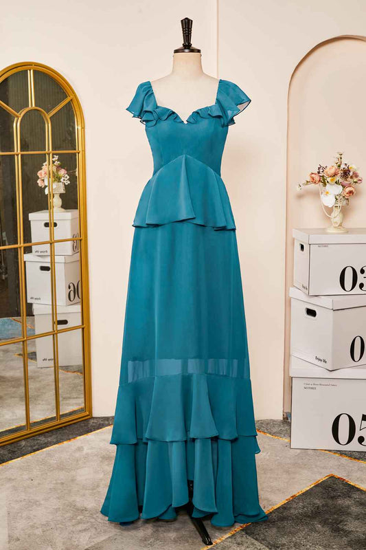 Peacock Blue Elegant A-line Chiffon Ruffles Bridesmaid Dress