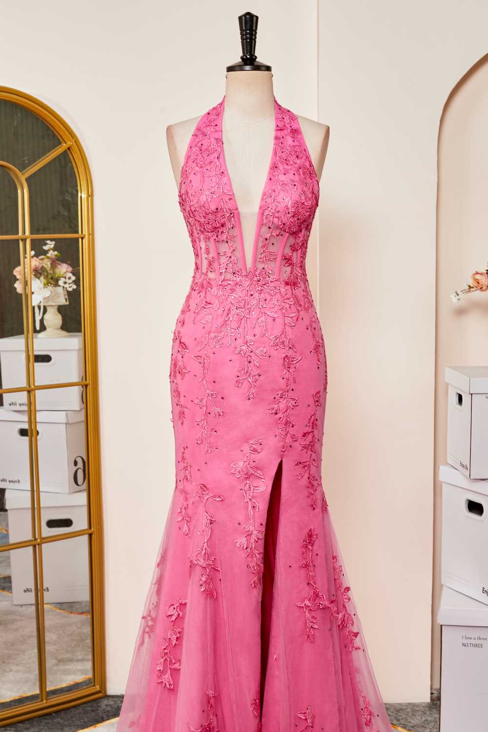 Hot Pink Sweet Mermaid Halter Applique Tulle Prom Dress