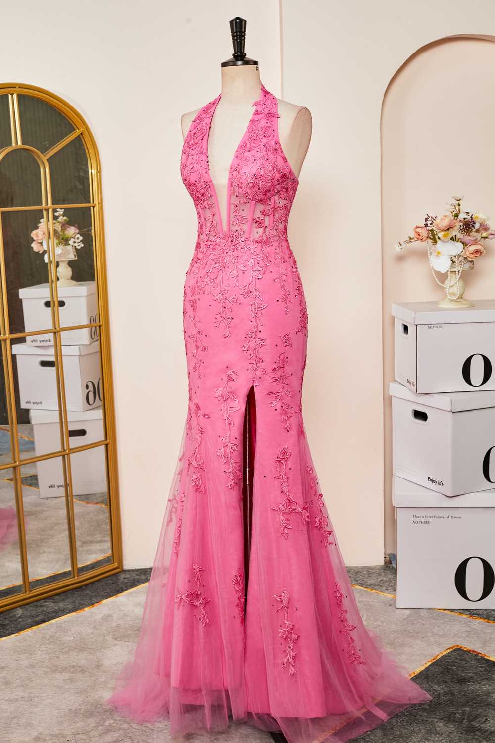 Hot Pink Sweet Mermaid Halter Applique Tulle Prom Dress