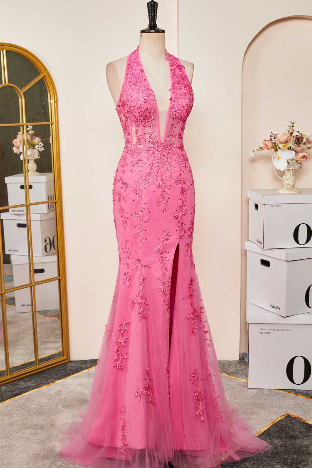 Hot Pink Sweet Mermaid Halter Applique Tulle Prom Dress