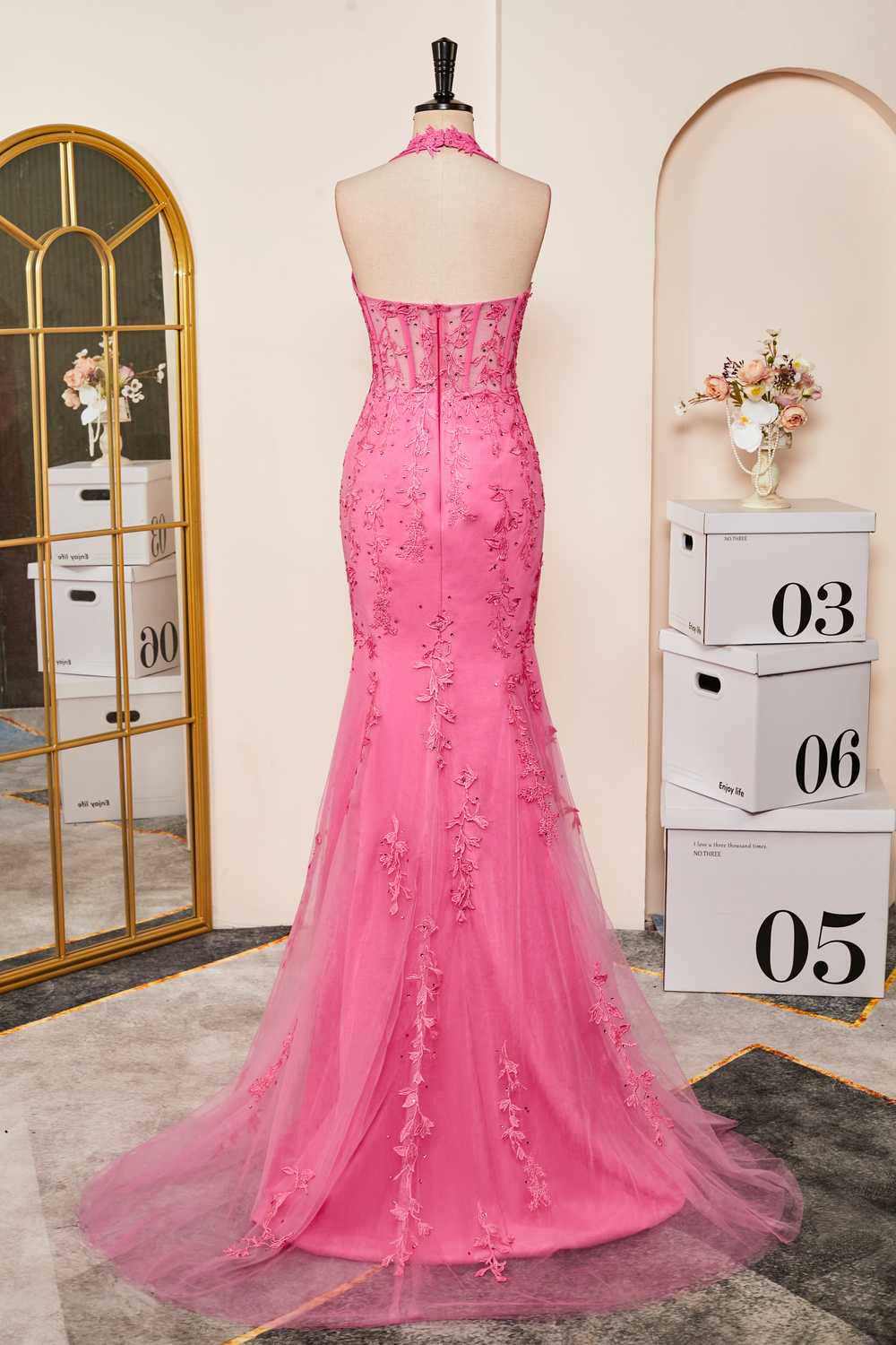 Hot Pink Sweet Mermaid Halter Applique Tulle Prom Dress