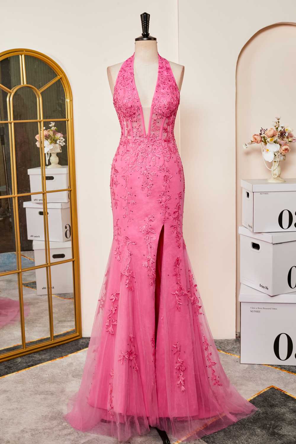 Hot Pink Sweet Mermaid Halter Applique Tulle Prom Dress