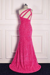 One Shoulder Hot Pink Sequin Mermaid Prom Dress