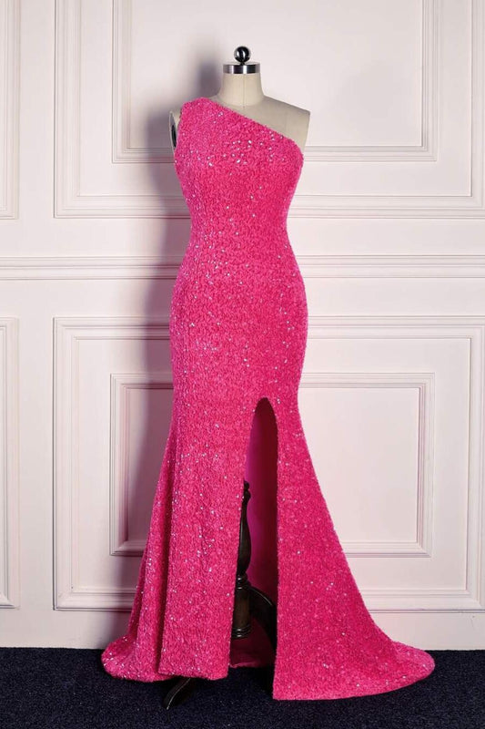 One Shoulder Hot Pink Sequin Mermaid Prom Dress