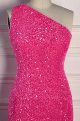One Shoulder Hot Pink Sequin Mermaid Prom Dress