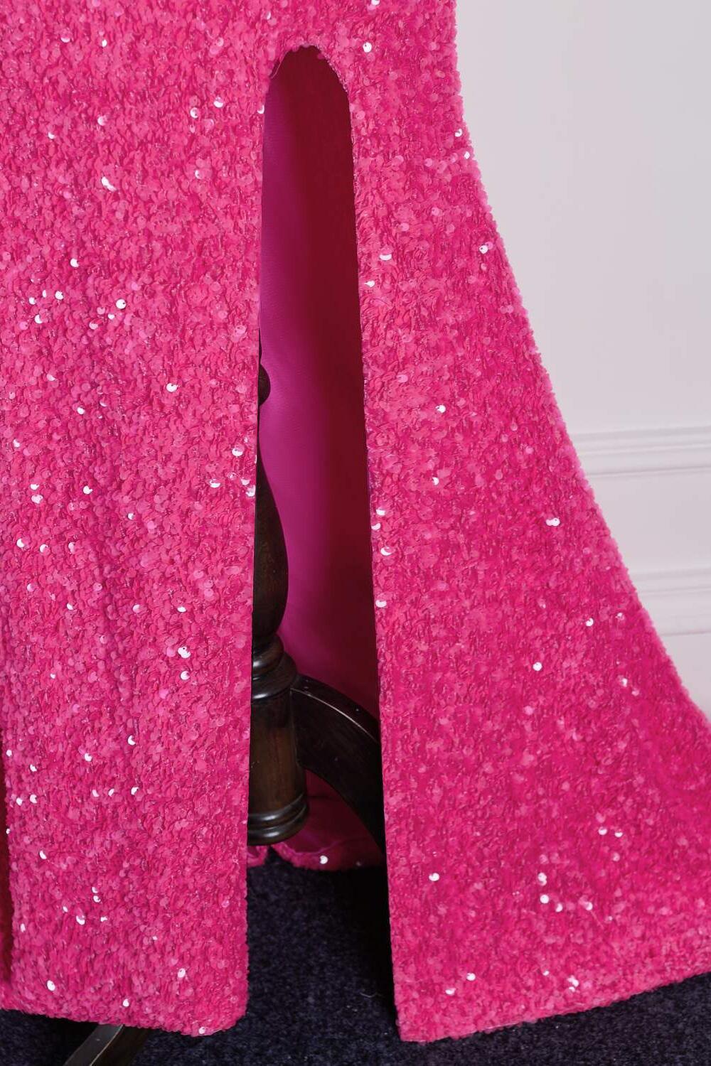 One Shoulder Hot Pink Sequin Mermaid Prom Dress