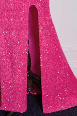 One Shoulder Hot Pink Sequin Mermaid Prom Dress