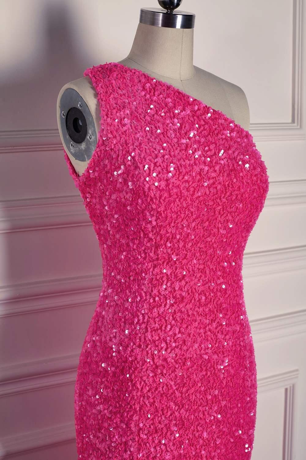 One Shoulder Hot Pink Sequin Mermaid Prom Dress