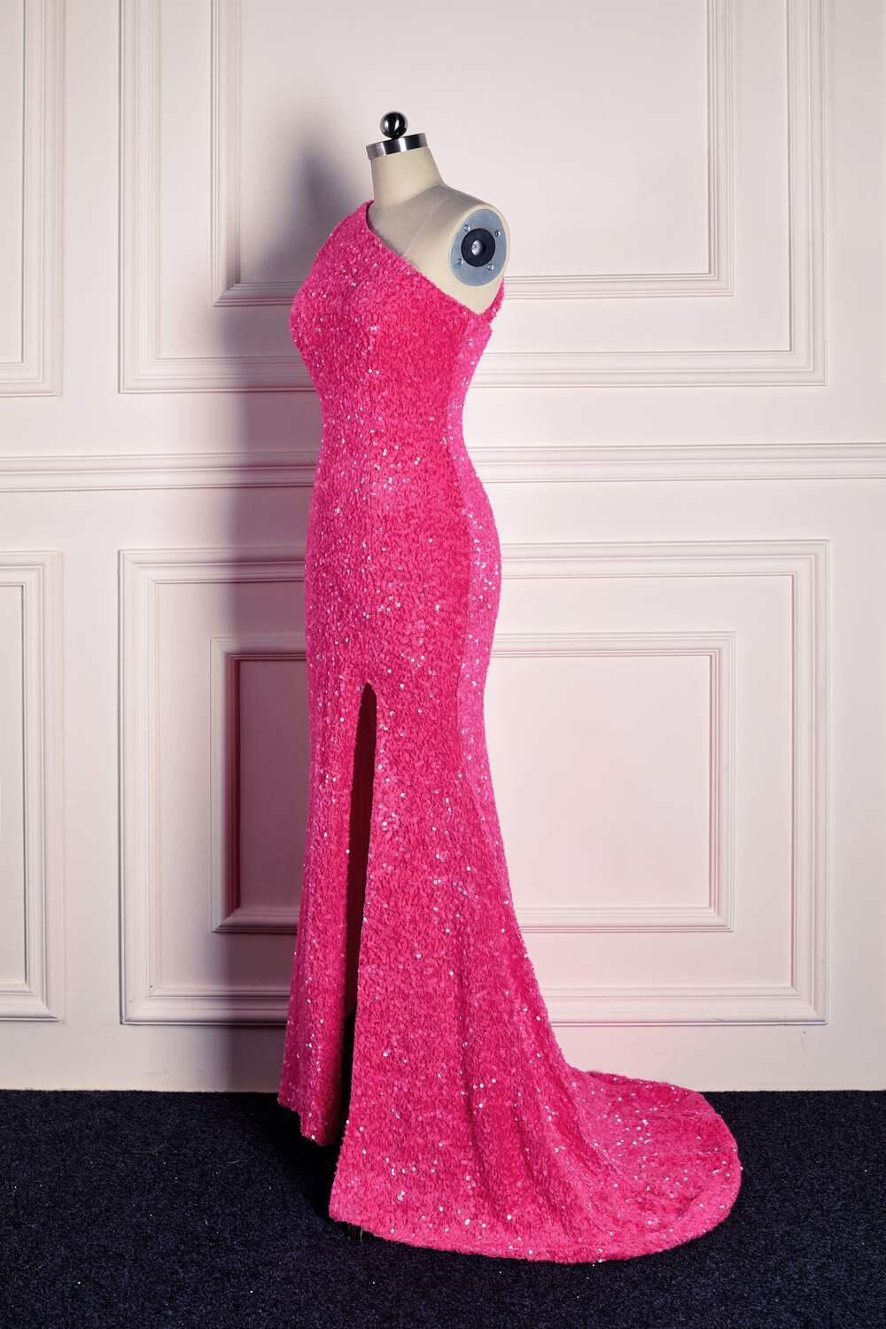 One Shoulder Hot Pink Sequin Mermaid Prom Dress