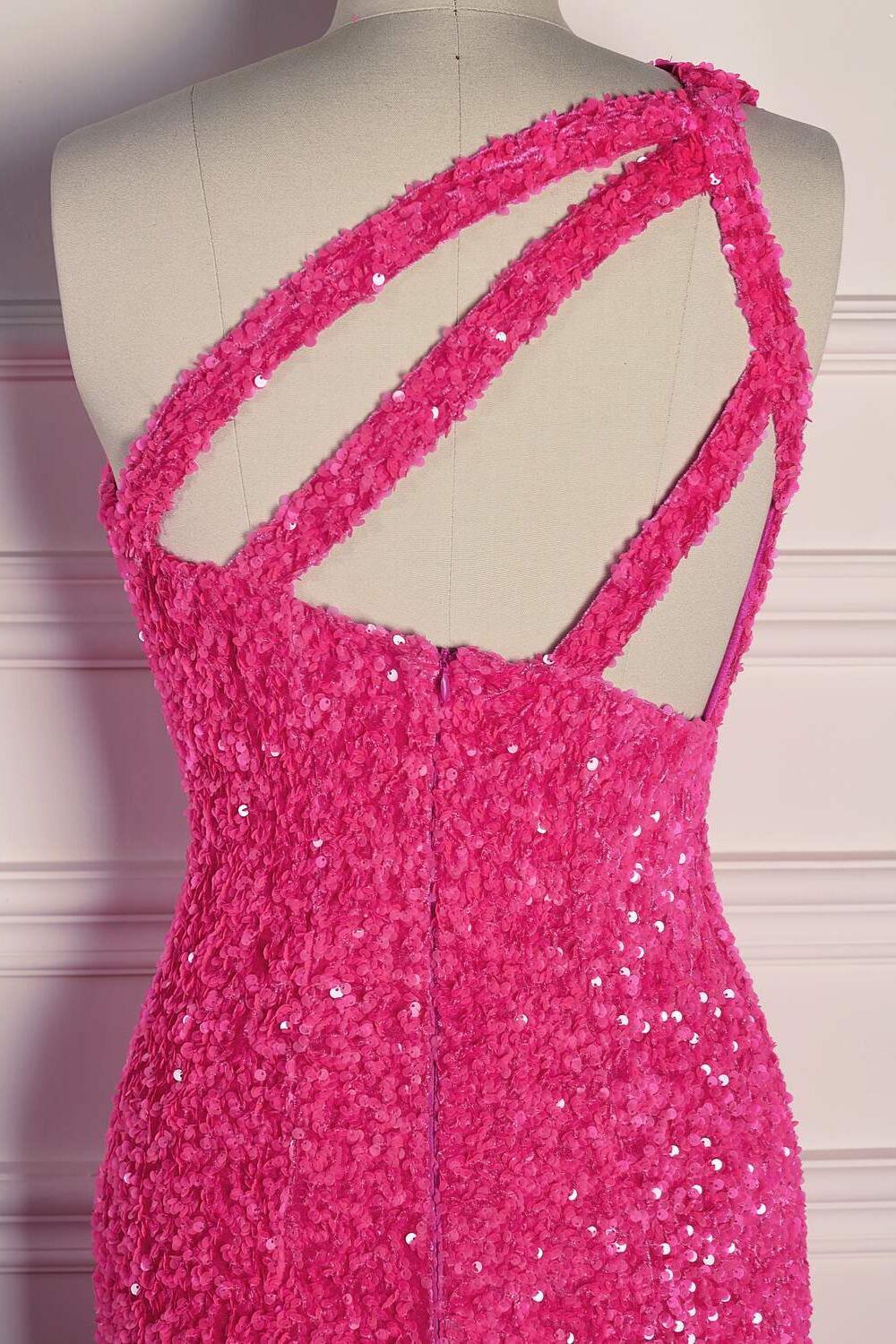 One Shoulder Hot Pink Sequin Mermaid Prom Dress
