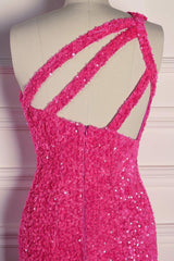 One Shoulder Hot Pink Sequin Mermaid Prom Dress