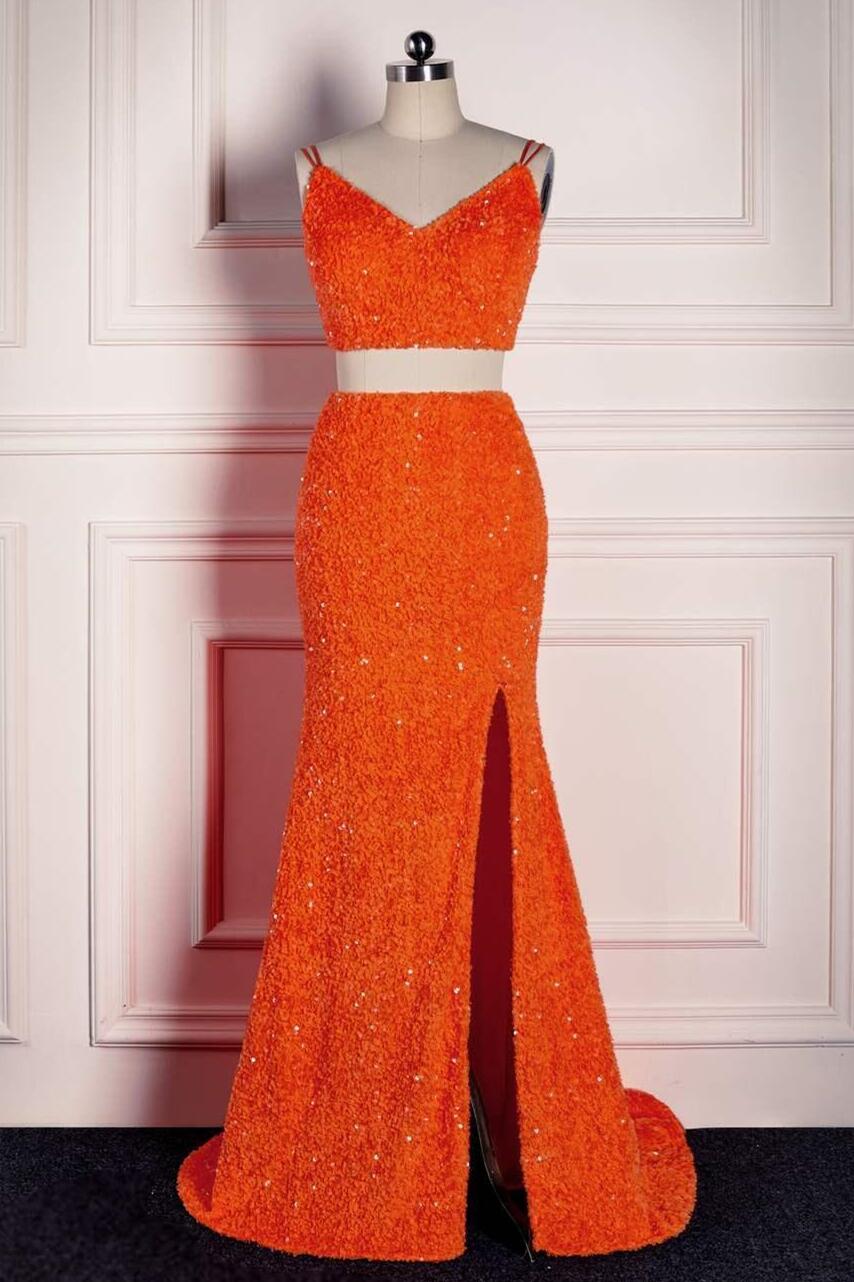 Two Piece Orange Sequin Mermaid Prom Dress