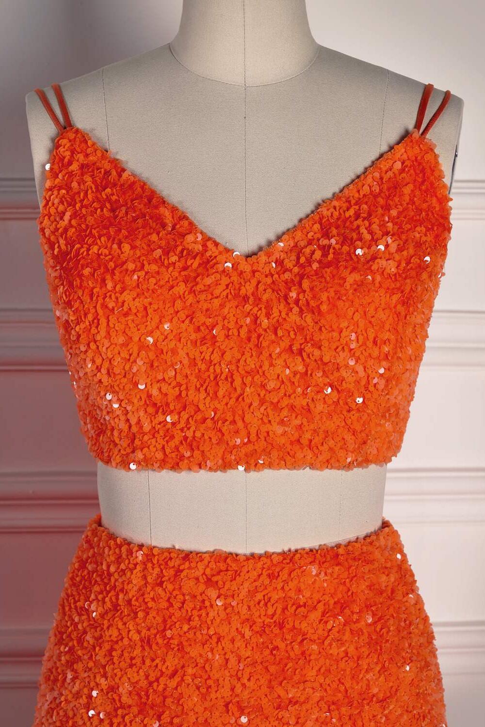 Two Piece Orange Sequin Mermaid Prom Dress