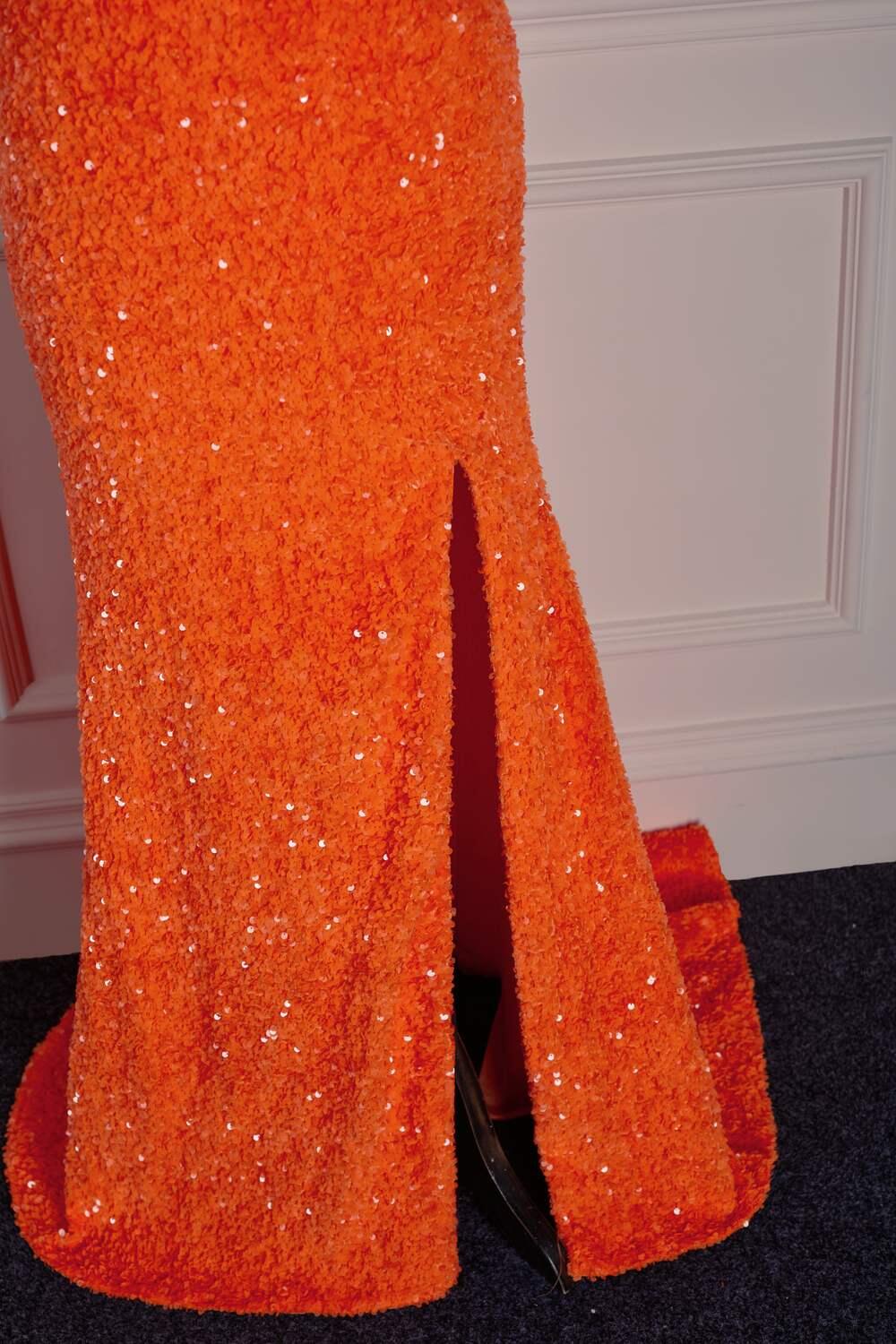 Two Piece Orange Sequin Mermaid Prom Dress